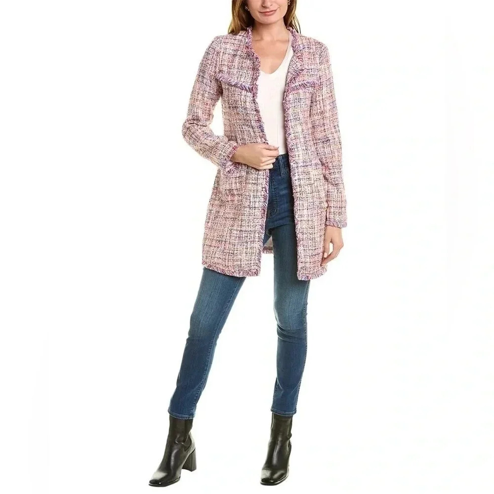 Laundry By Shelli Segal - Boucle Knit Textured Fringe Trim Jacket - Size Medium